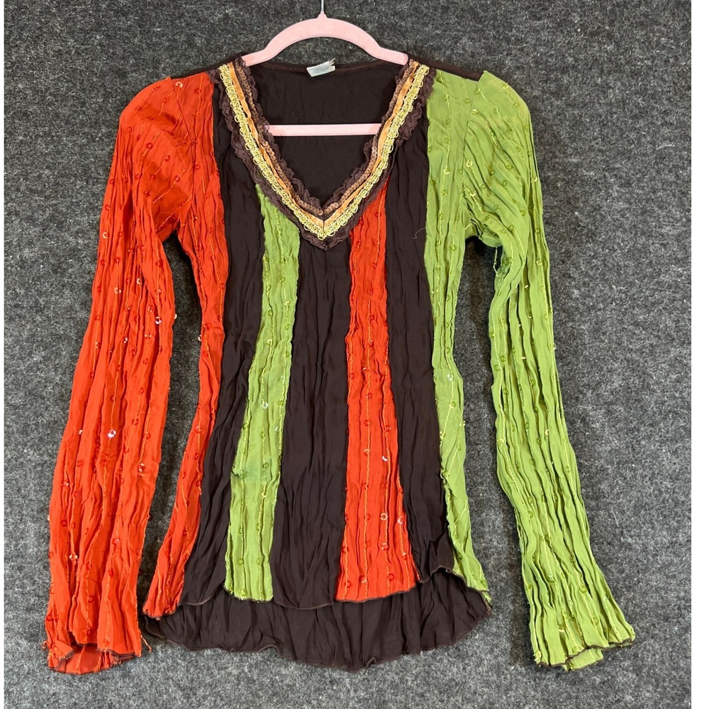 VTG True light Crinkle Sequin VNeck Top Striped Colorblock Boho Y2K Womens Small